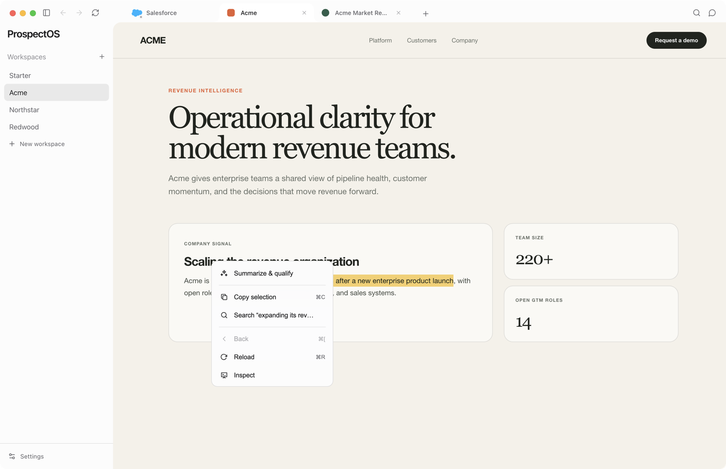 ProspectOS workspace showing the Acme account, web research, and contextual sales actions